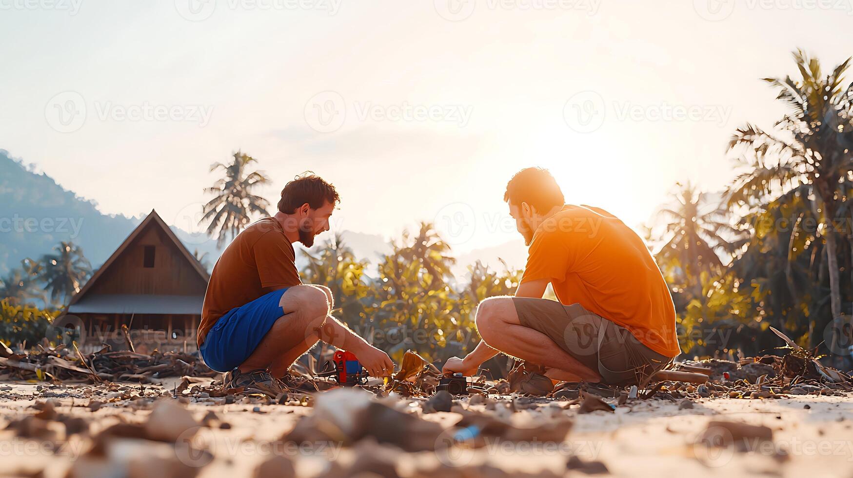 Two men collecting debris on a beach at sunset, surrounded by palm trees and a house photo