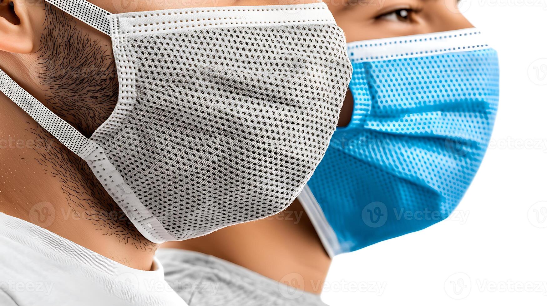Two individuals wearing different colored face masks, showcasing safety measures in a neutral setting photo