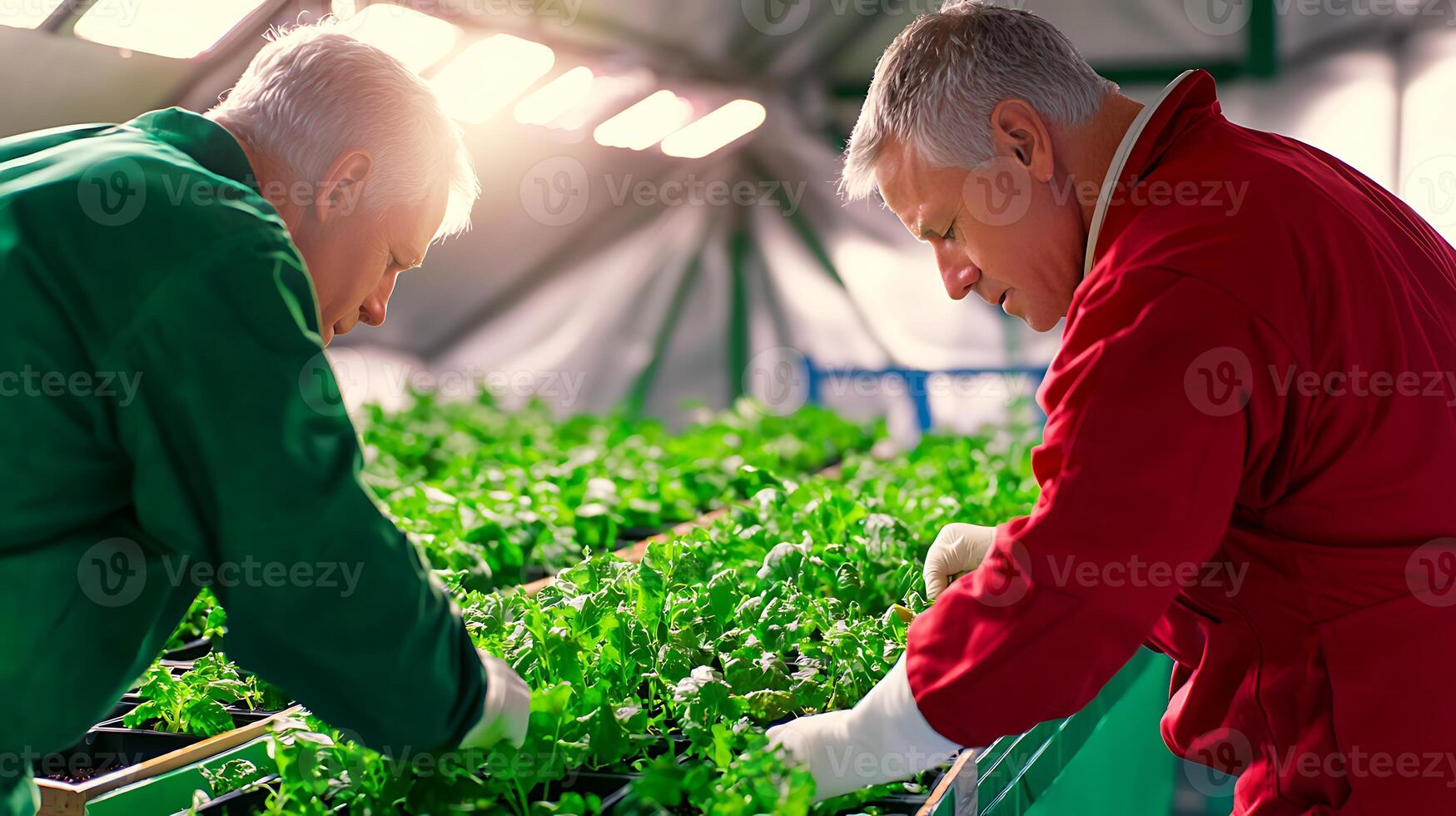 Two men tending to vibrant green plants in a greenhouse, showcasing teamwork and cultivation photo