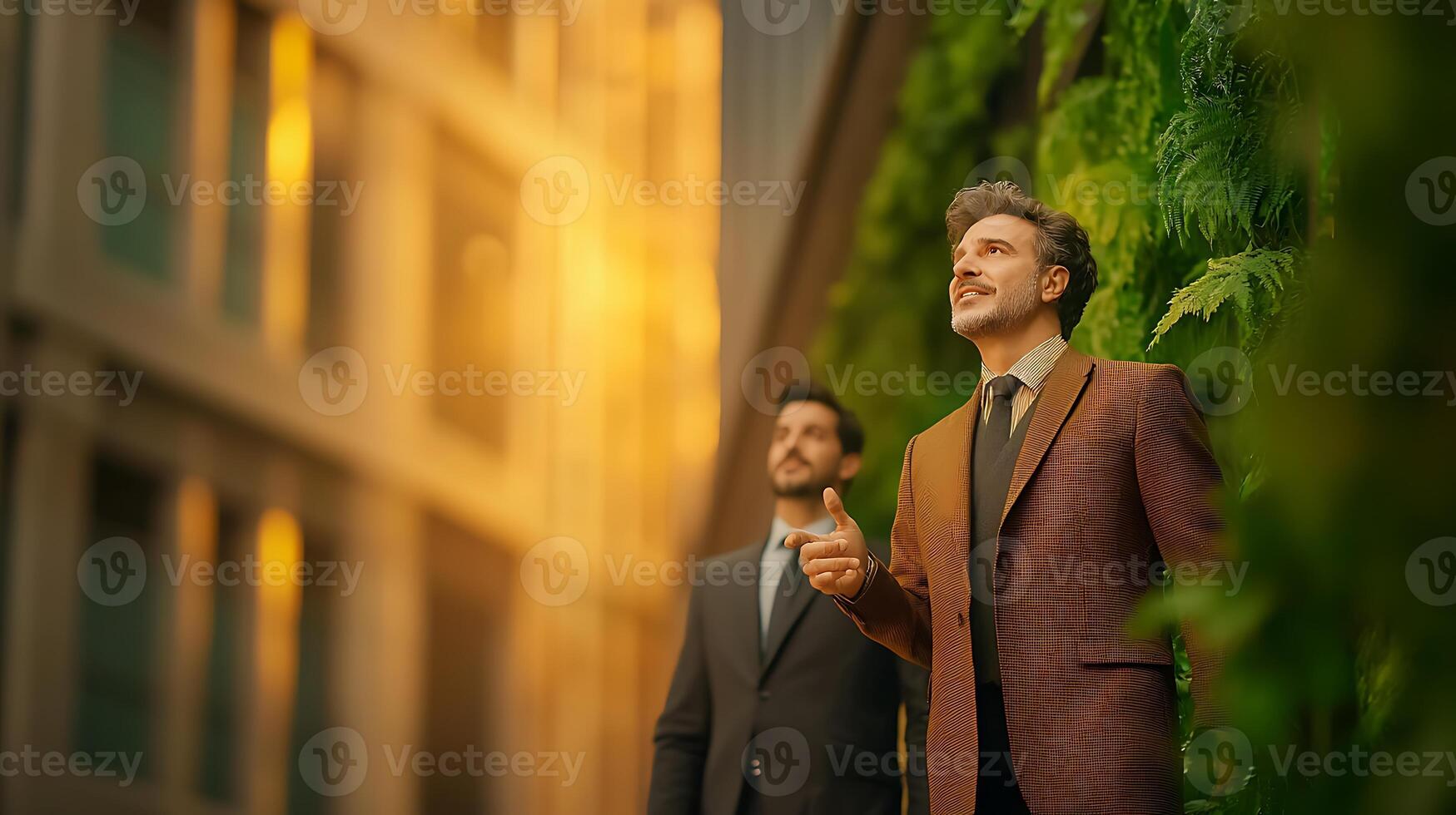 Two men in suits discussing ideas in an urban green space with modern buildings in the background photo