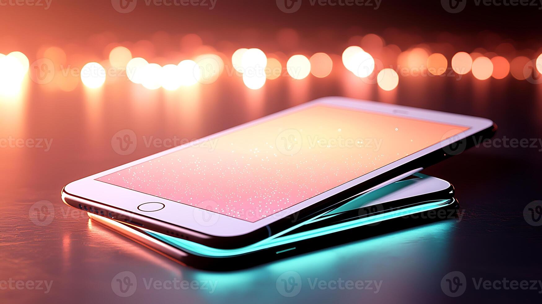 Two modern smartphones stacked on a reflective surface with a colorful bokeh background photo