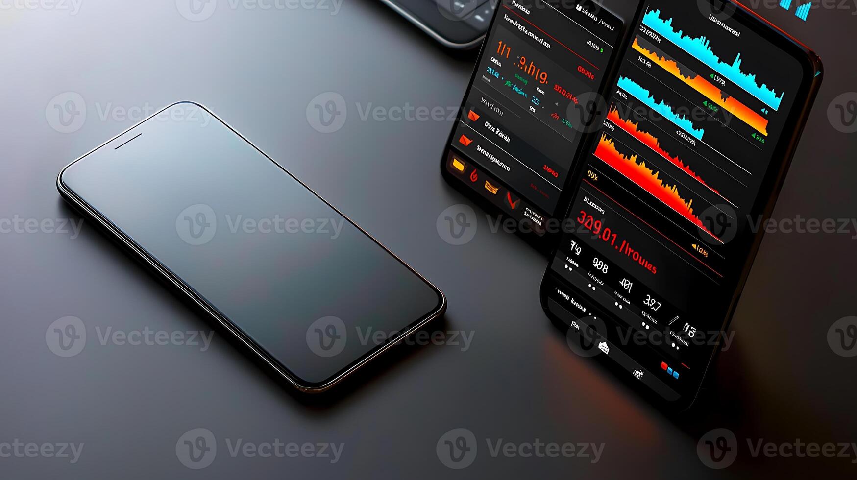Two modern smartphones displaying data analytics on a sleek black table, with a blurred background photo