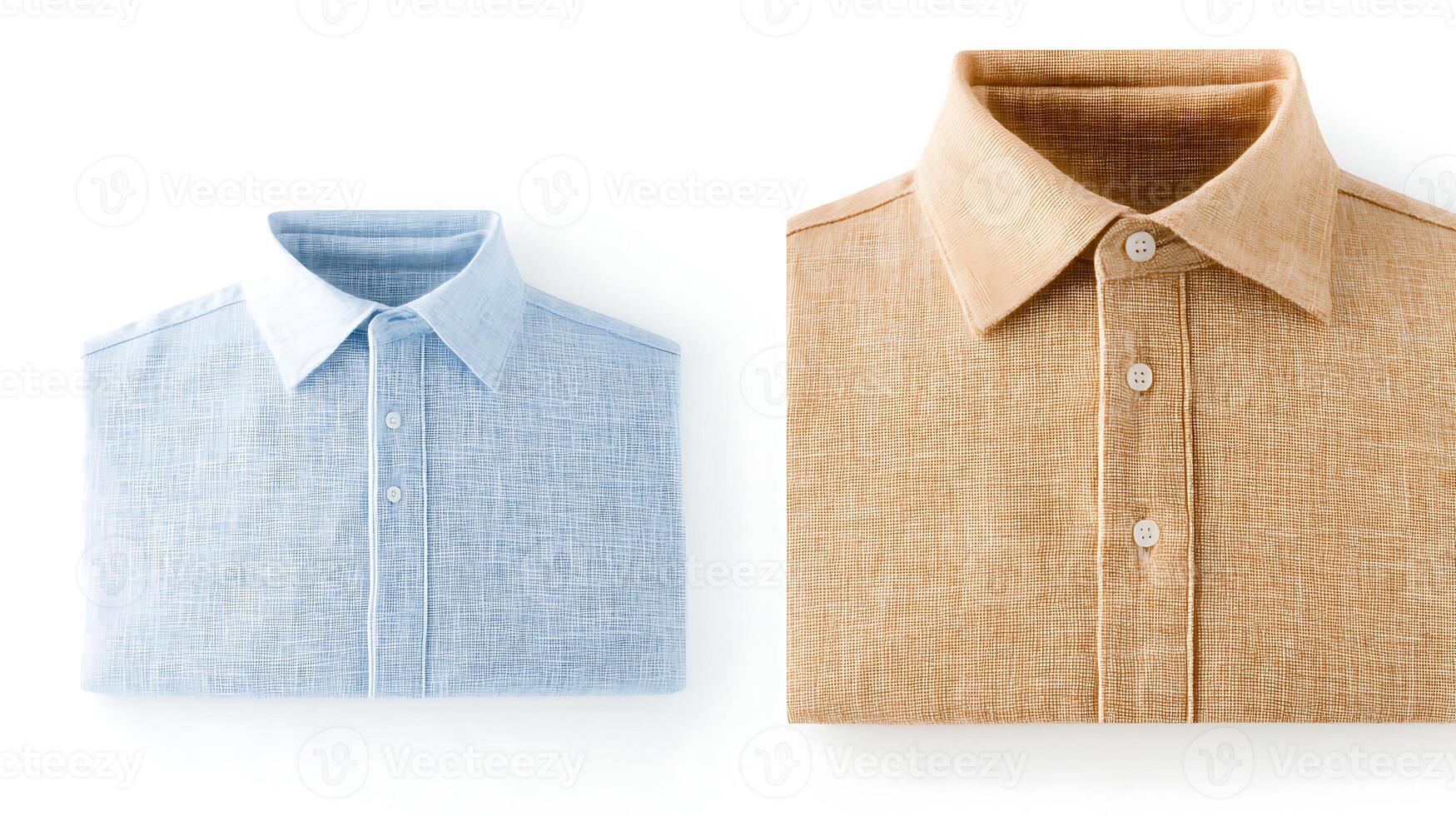 Two neatly folded shirts in light blue and beige colors on a clean white background photo