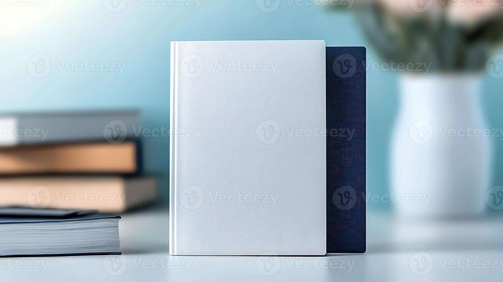 Two notebooks, one white and one navy, placed on a desk with blurred flowers in a vase photo