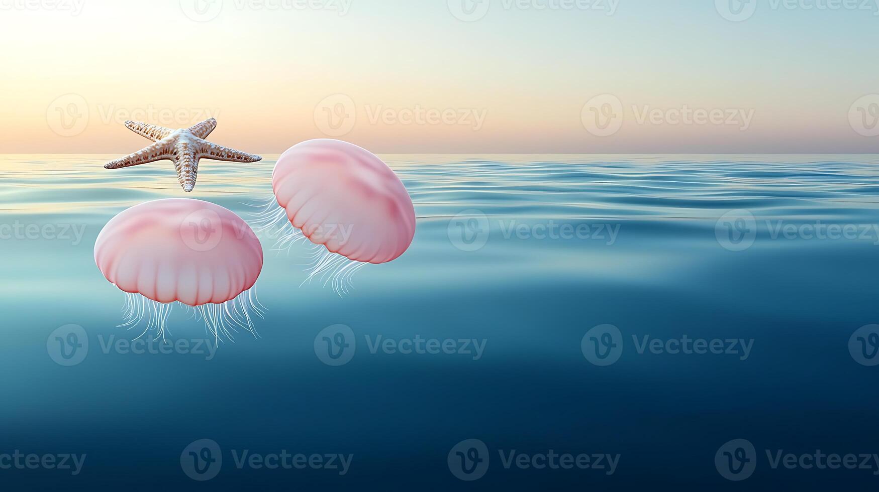 Two pink jellyfish gracefully float in calm ocean waters with a starfish nearby at sunset photo