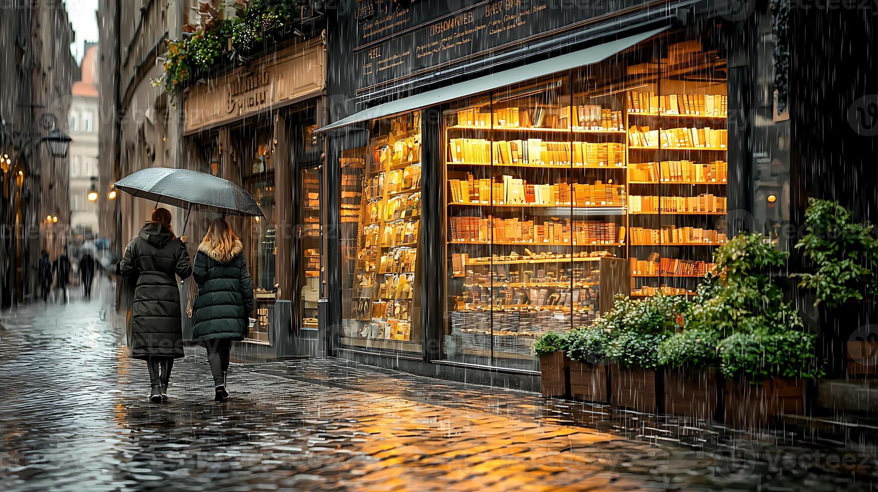 Two people walking under an umbrella in a rainy street near a warmly lit bookstore photo