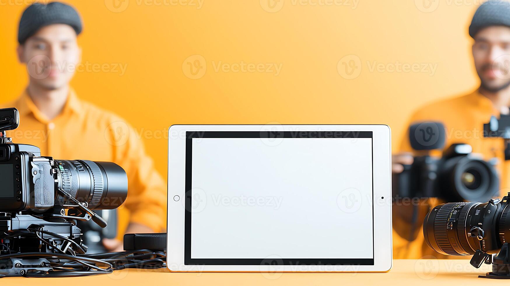 Two photographers in orange shirts set up cameras and an empty tablet against a vibrant backdrop photo