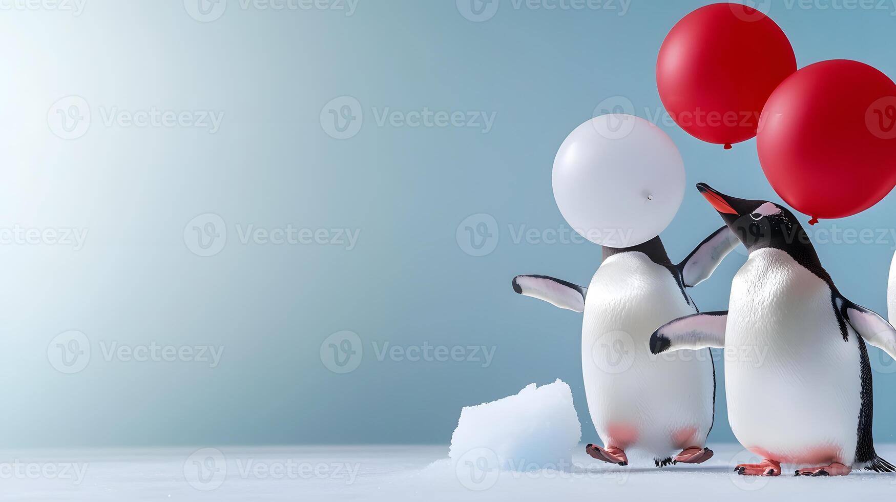 Two playful penguins holding colorful balloons on a snowy surface with a soft blue background photo