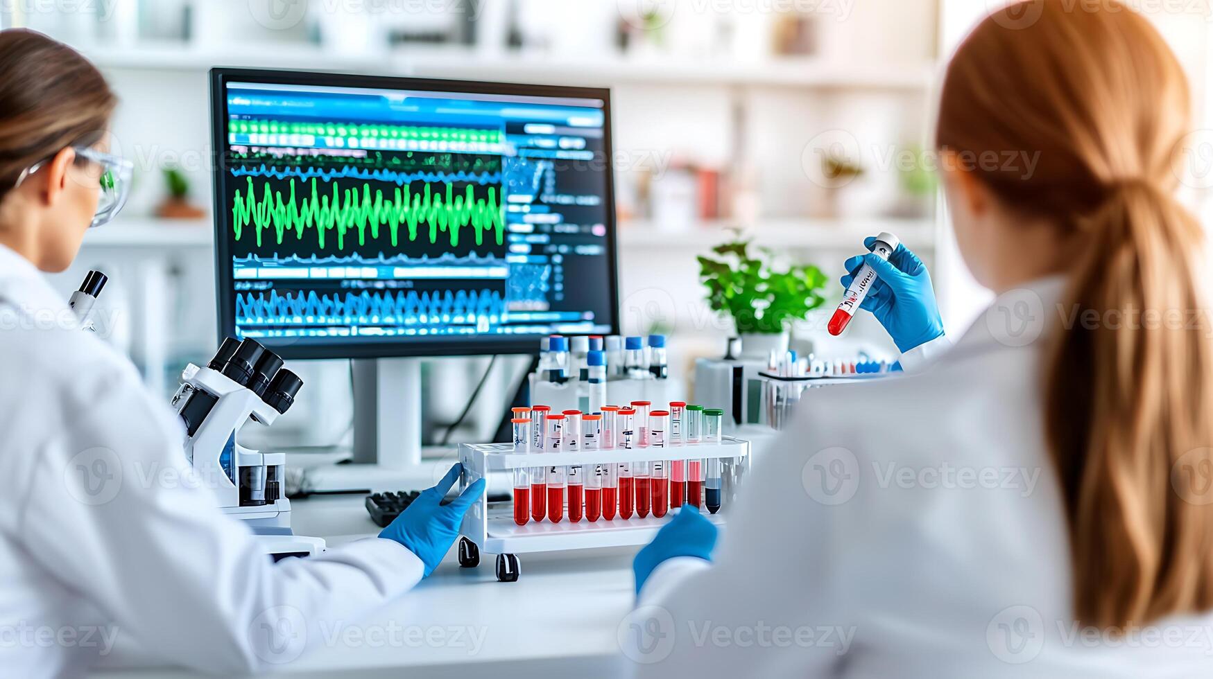 Two scientists analyzing data in a modern lab, with test tubes and a monitor displaying results photo