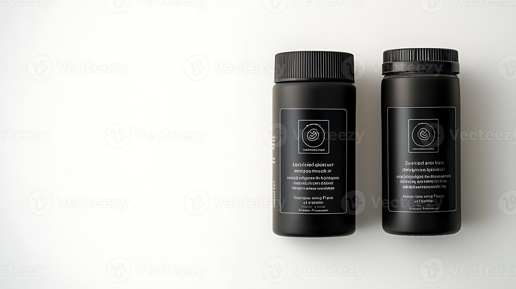 Two sleek black containers of skincare products on a minimalist white background, showcasing labels photo