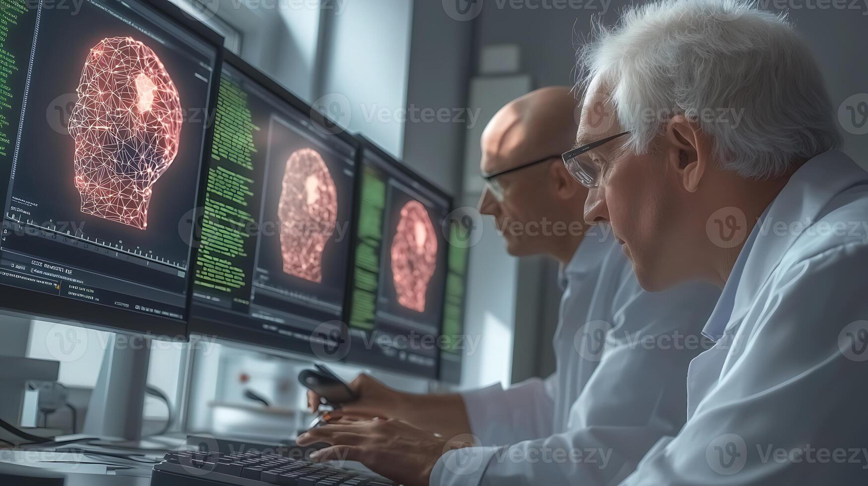 Two scientists analyzing digital brain scans on multiple screens in a modern laboratory setting photo