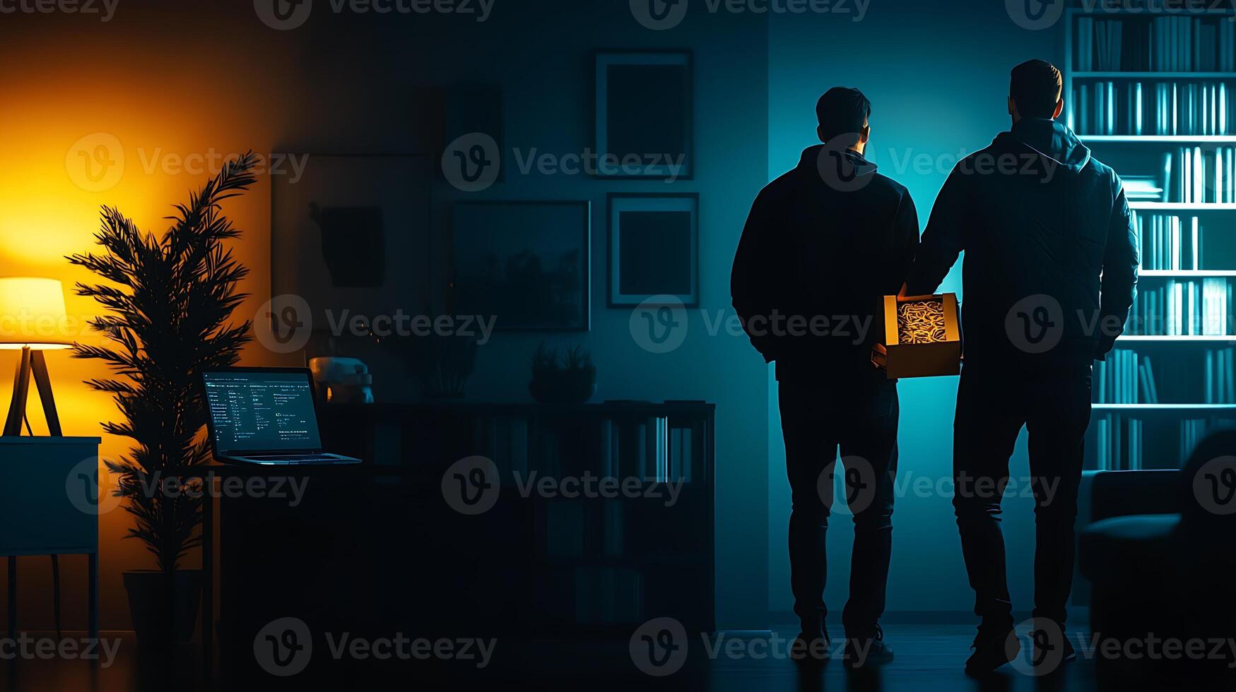 Two silhouetted figures holding a box in a dimly lit room with contrasting colors and shadows photo