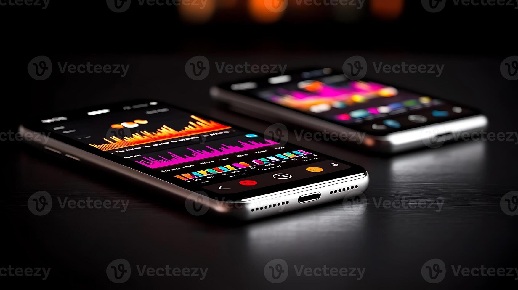 Two smartphones displaying vibrant data visualizations on a dark surface, with blurred lights in background photo