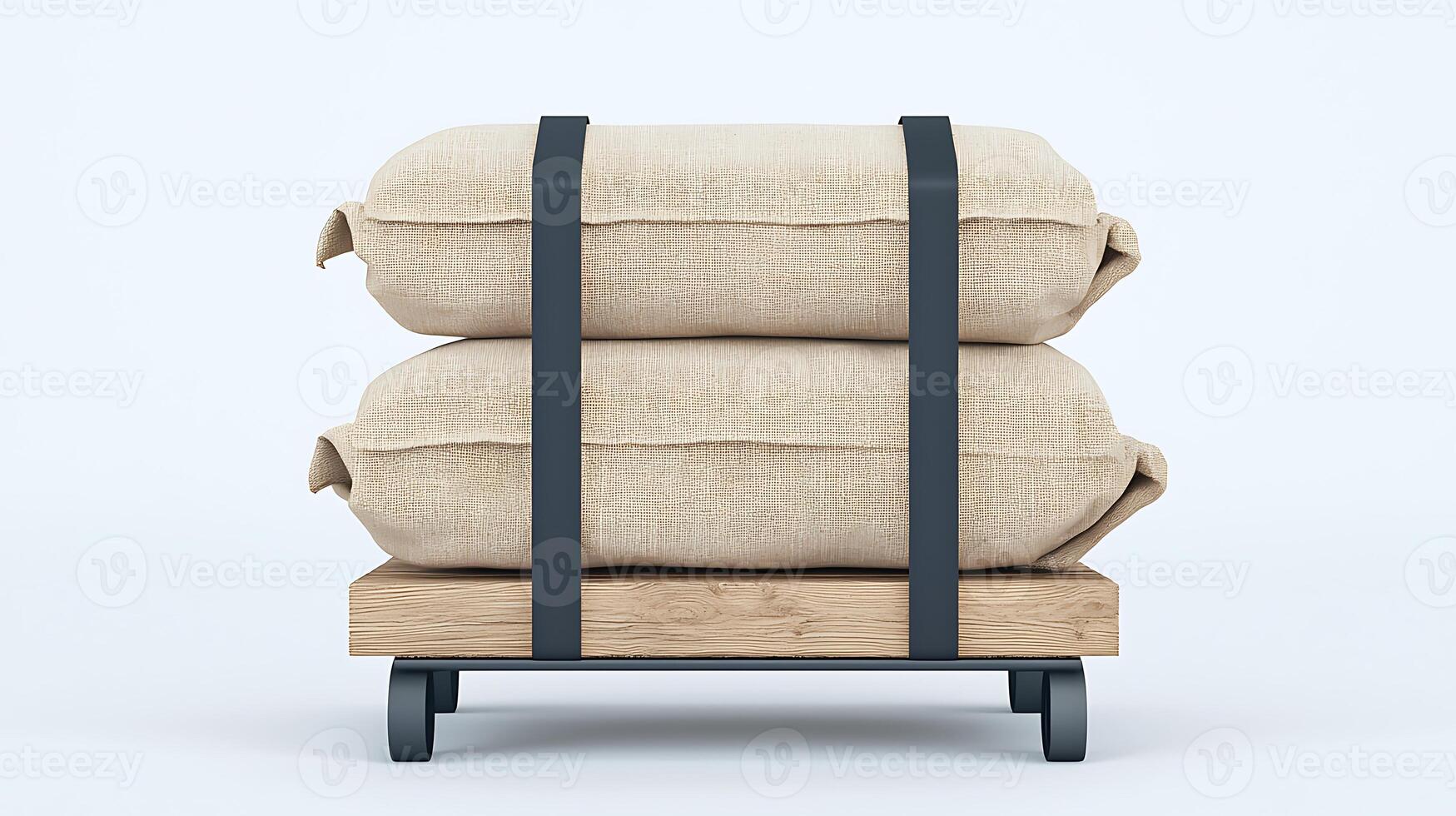 Two stacked burlap sacks secured with black straps on a wooden pallet against a plain background photo
