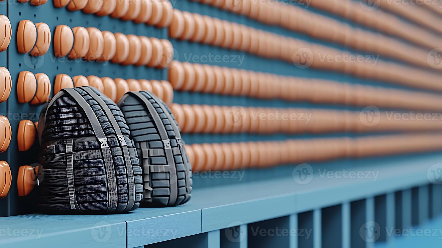 Two stylish backpacks resting on a shelf against a modern wall of circular wooden accents photo