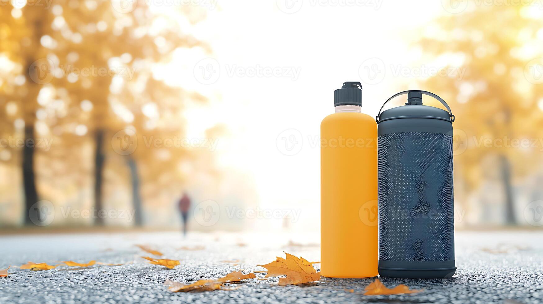 Two stylish water bottles stand on a sunlit path surrounded by autumn leaves and blurred walkers photo