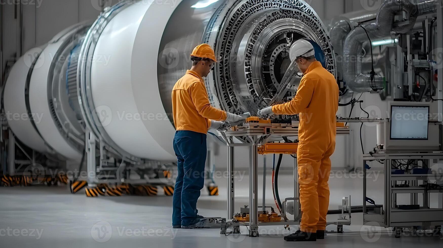 Two technicians in orange uniforms work on a large aircraft engine in a modern facility photo