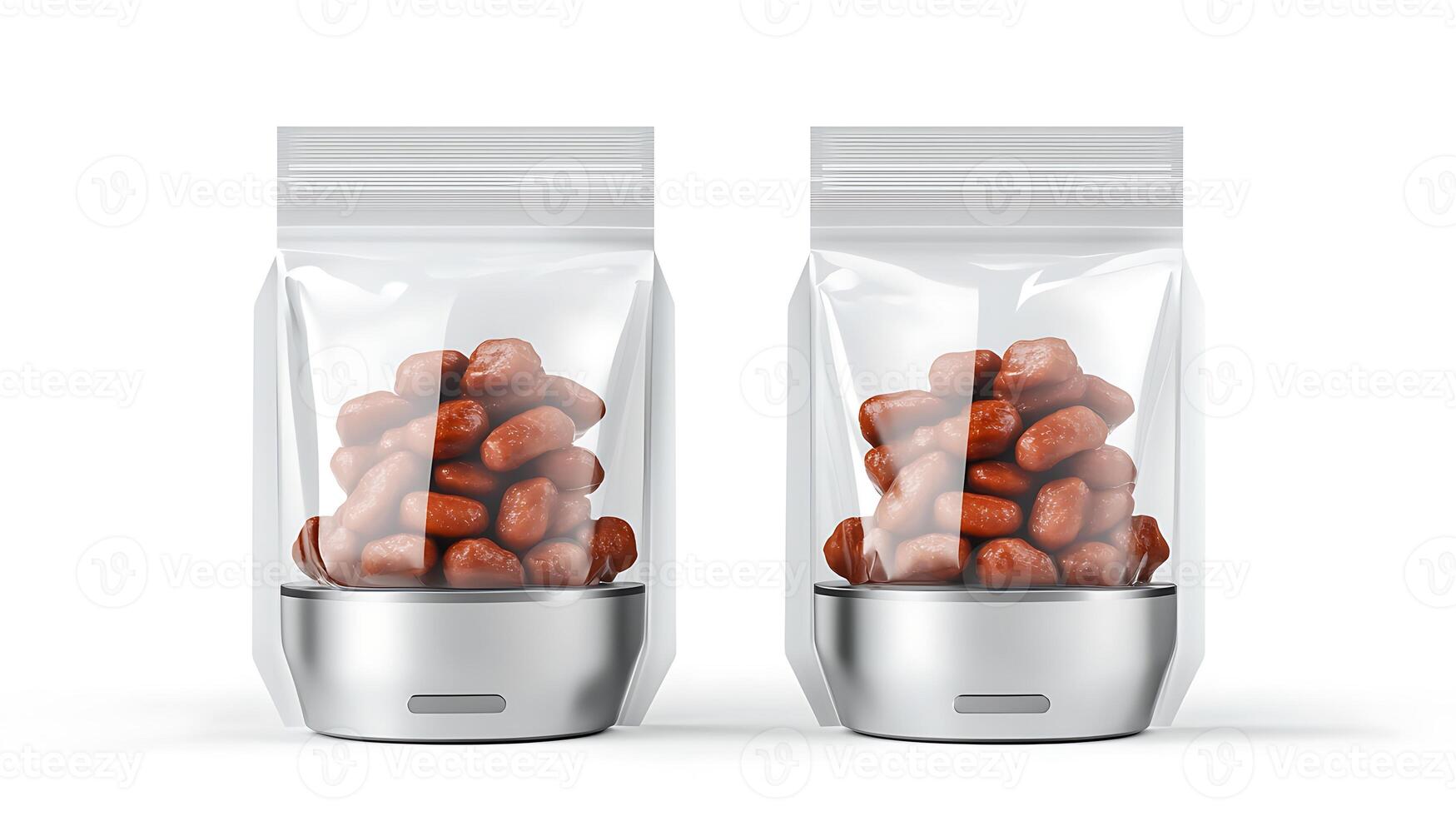 Two transparent bags filled with brown candies on a white background, showcasing product packaging photo