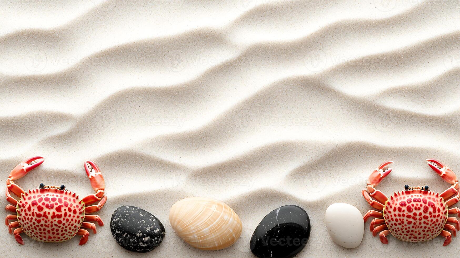 Two vibrant crabs on a sandy beach surrounded by smooth stones with gentle waves in the background photo