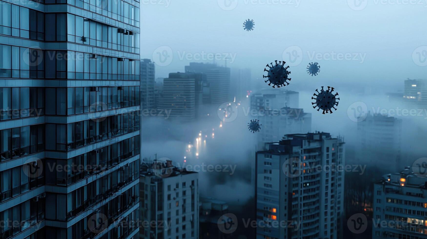 A city with many buildings and a lot of fog photo