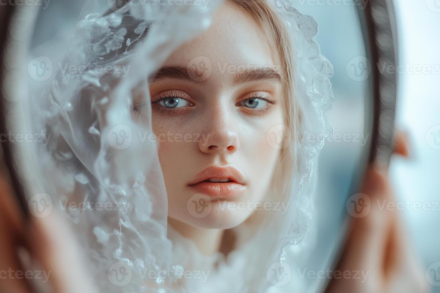 A high-fashion model stands before an ornate mirror, her piercing gaze directed inward while her reflection reveals a different version of herself, highlighting a haunting duality photo