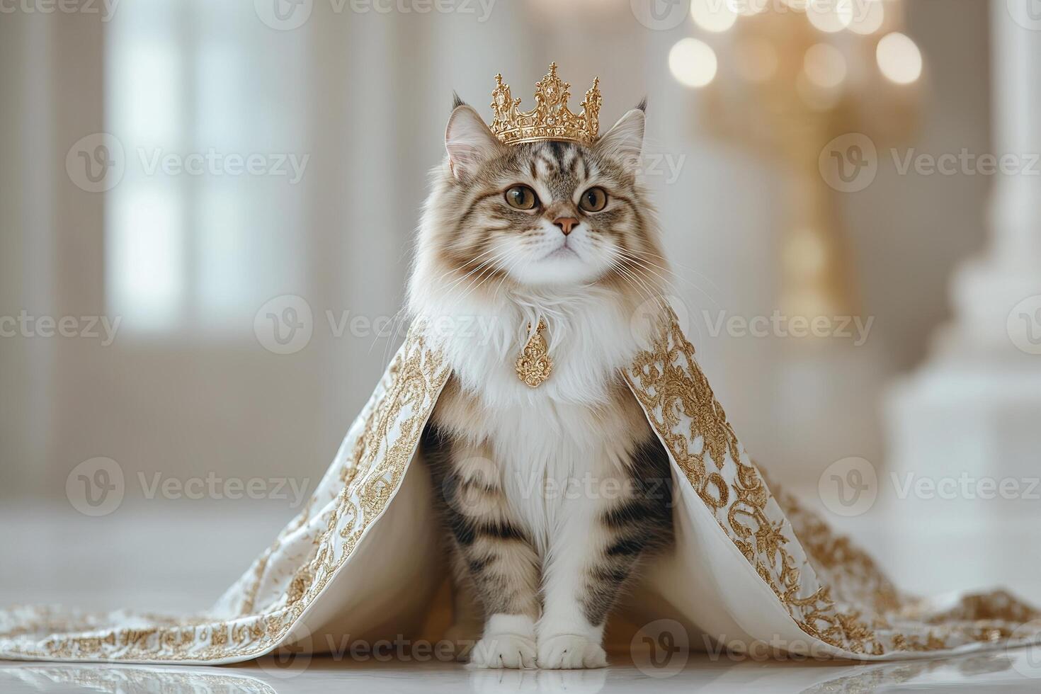 A regal long-haired cat stands on a marble runway, wearing a gold-embroidered velvet cape and a delicate golden crown, illuminated by soft-focus luxury lighting that enhances its grandeur photo
