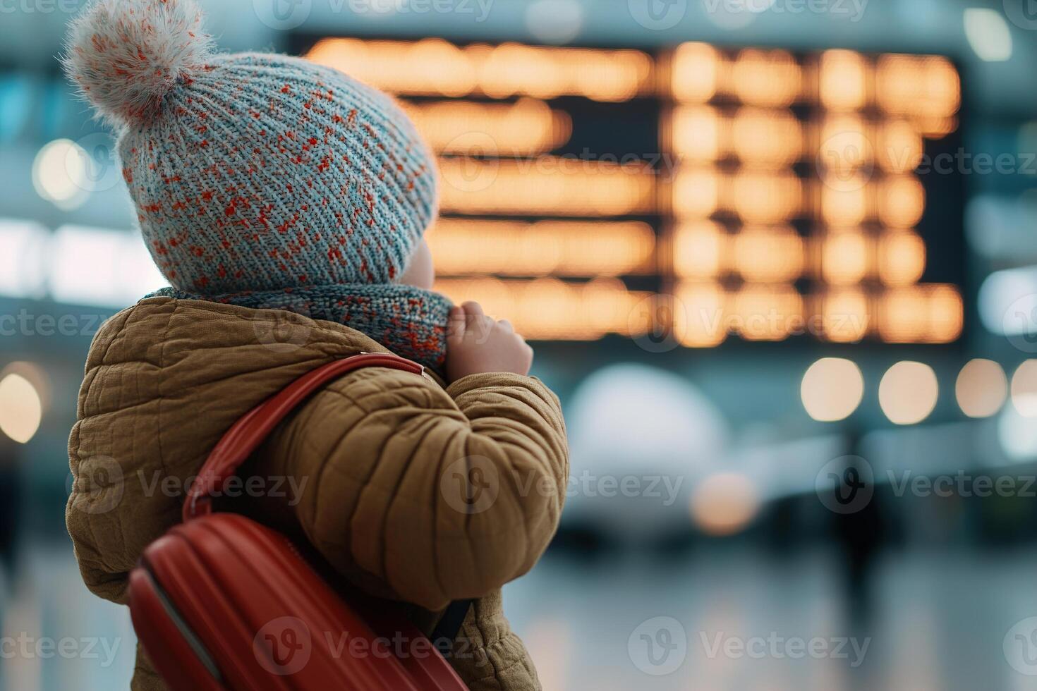 Holding onto a small suitcase, a toddler looks up in awe at the large airport departure board, surrounded by softly blurred planes and bustling travelers in the background photo