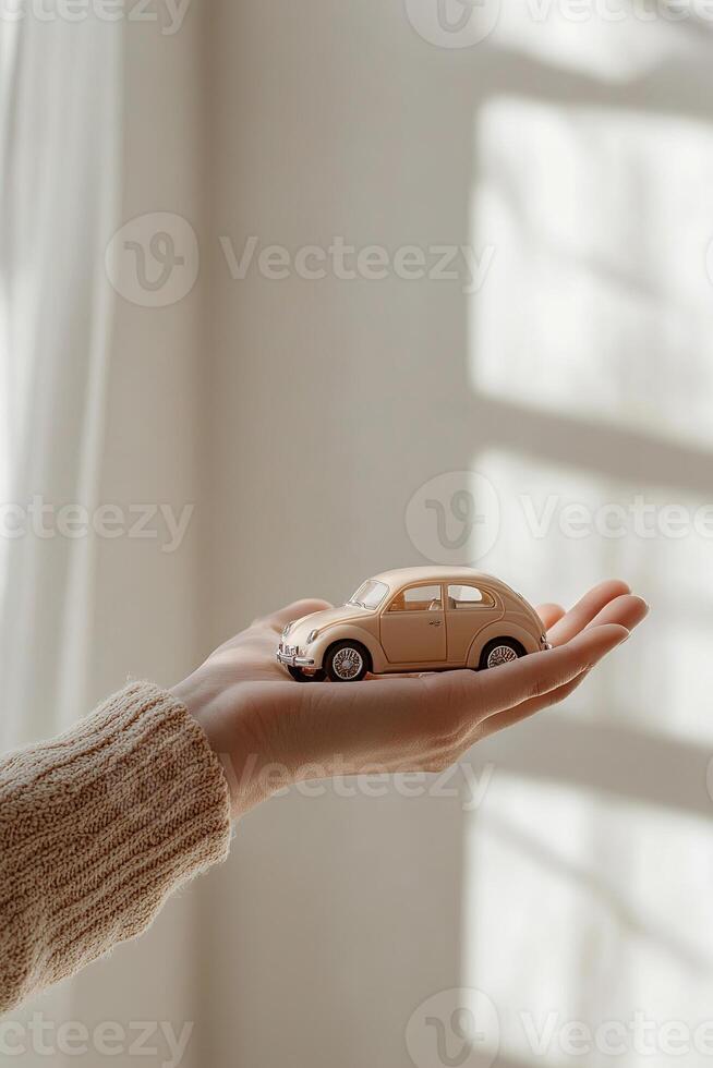 Two enormous yet gentle hands hold a tiny car, illuminated by warm golden light, symbolizing trust and care in a serene setting photo