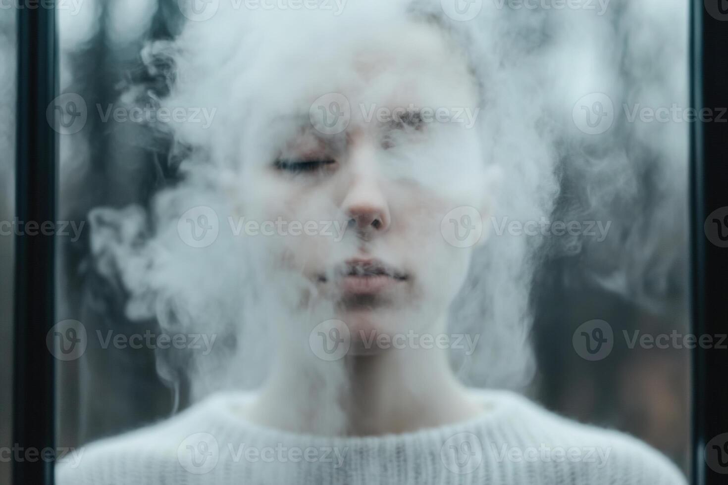 A person with a blurred silhouette stands behind a misty glass, their features obscured. The scene suggests a sense of mystery, prompting thoughts about identity and presence photo