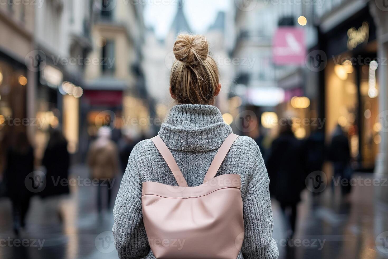 A woman strolls through a chic designer shopping area, carrying boutique bags. High-end storefronts create a soft, blurred backdrop, evoking a luxurious shopping experience photo