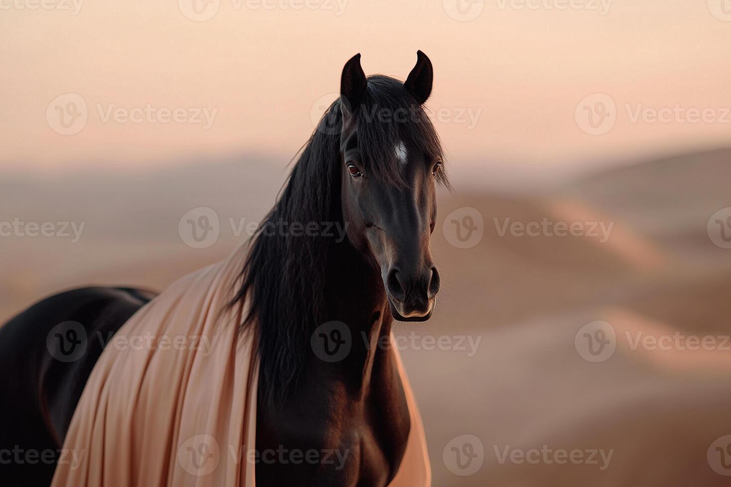 A magnificent black stallion stands gracefully in a dreamy desert environment, draped in a flowing silk cape, illuminated by soft, golden sunlight. The scene is rich in cinematic beauty and luxury photo