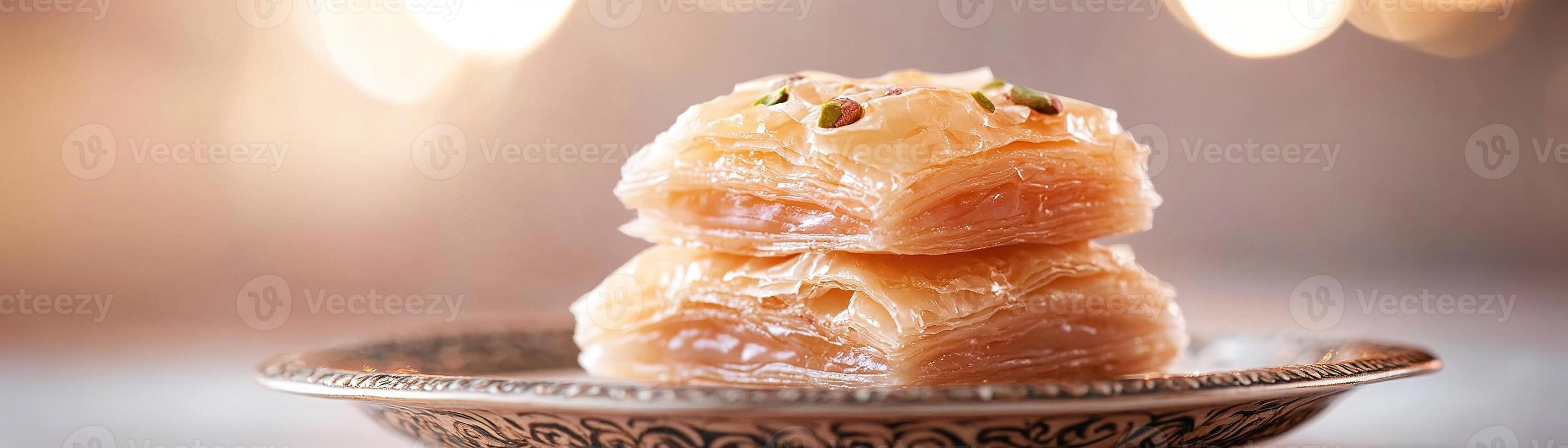 Enjoy the rich taste of warm pistachio baklava, featuring delicate layers of crisp phyllo pastry, glistening with honey on a beautifully crafted ceramic dish, enhancing the sweet experience photo