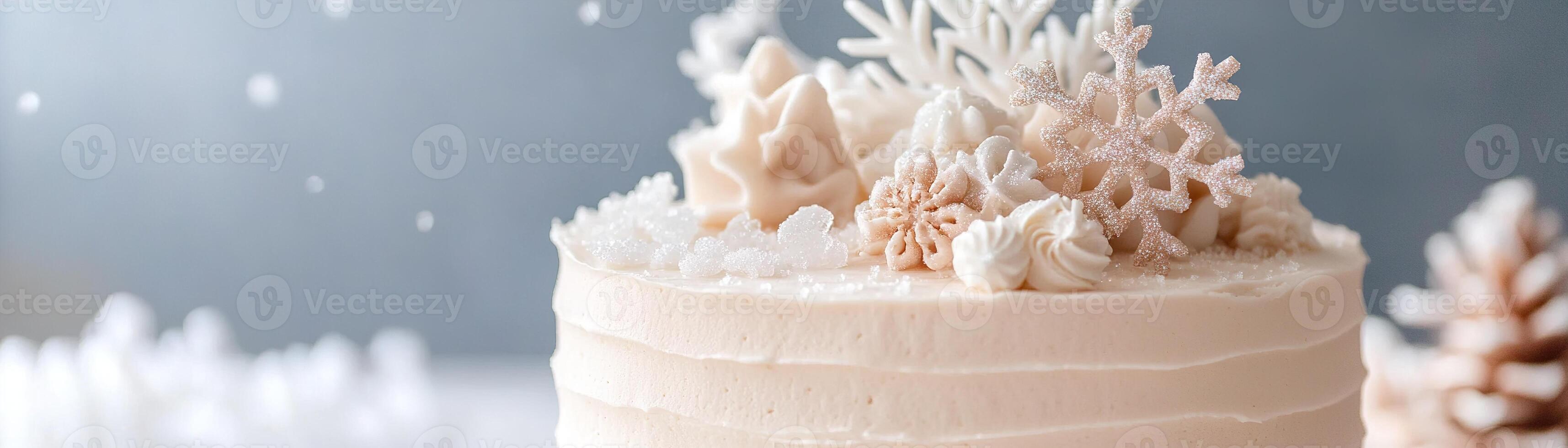This holiday cake features intricate winter frost detailing, adorned with edible snowflakes and shimmering sugar crystals, making it a stunning centerpiece for festive celebrations photo