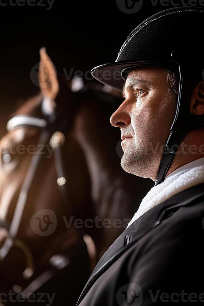 A skilled equestrian rider stands confidently next to a polished horse, dressed in tailored luxury attire photo