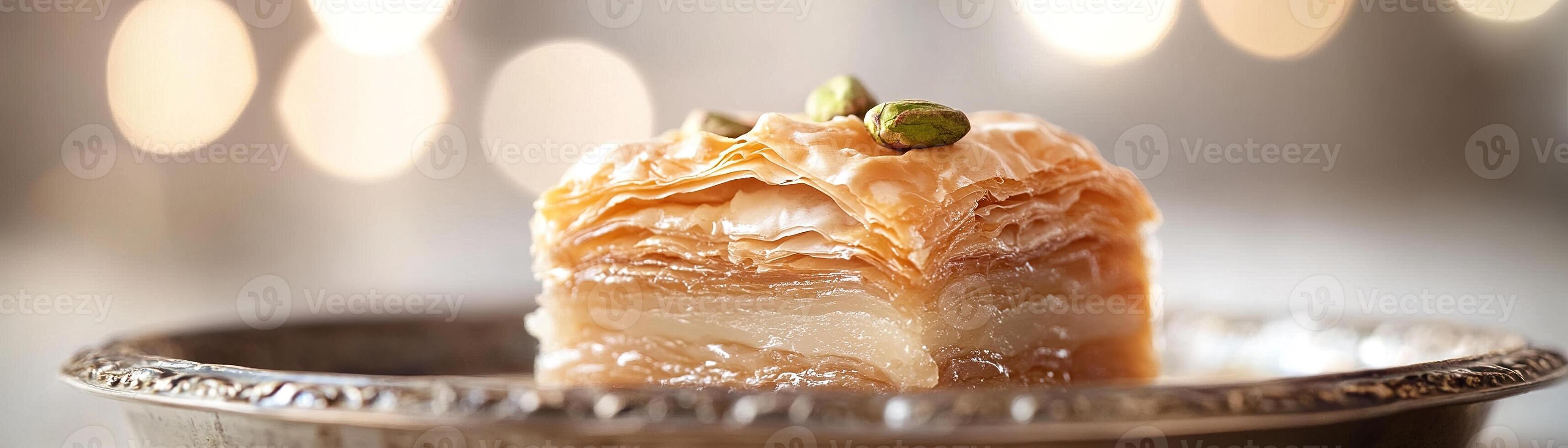 A warm golden piece of pistachio baklava glistens with honey, showcasing its delicate layers of crisp phyllo pastry on an ornate ceramic dish. Soft, ambient lighting adds a cozy feel photo