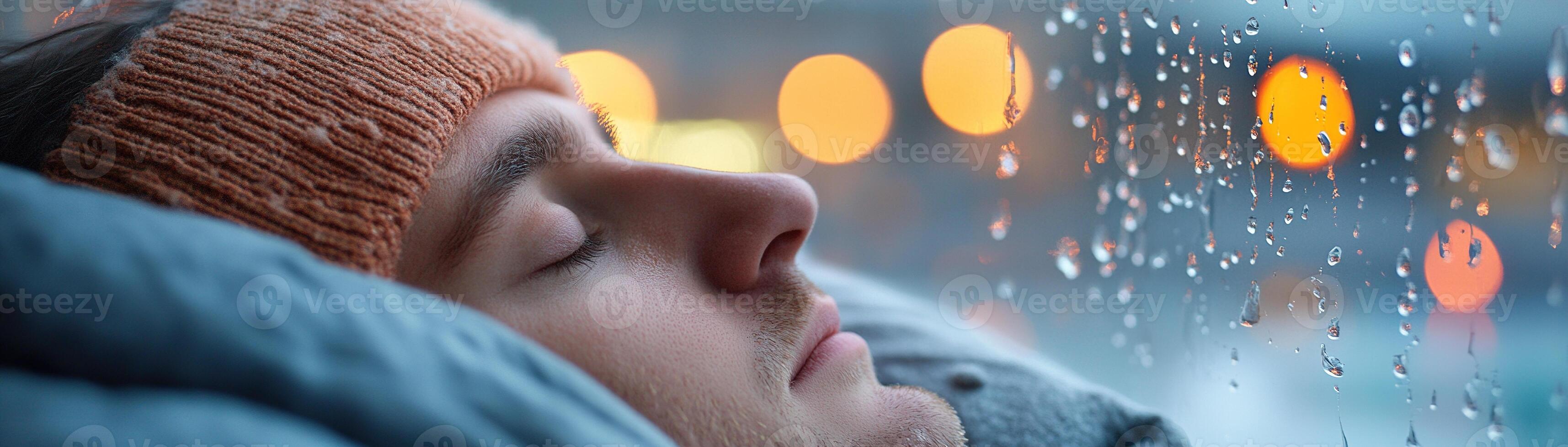 A weary traveler rests against an airport window, oblivious to the world outside. Raindrops blur the view, casting a serene and melancholic ambiance in the bustling airport terminal photo