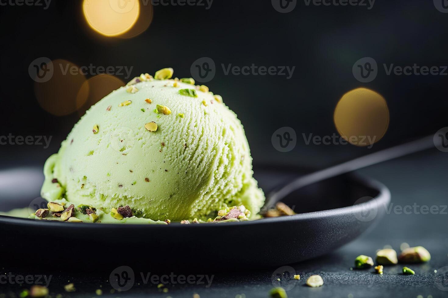 A scoop of creamy pistachio gelato melts slightly on a matte black plate. Crushed nuts scatter on top, illuminated by soft golden light, highlighting its luscious texture photo