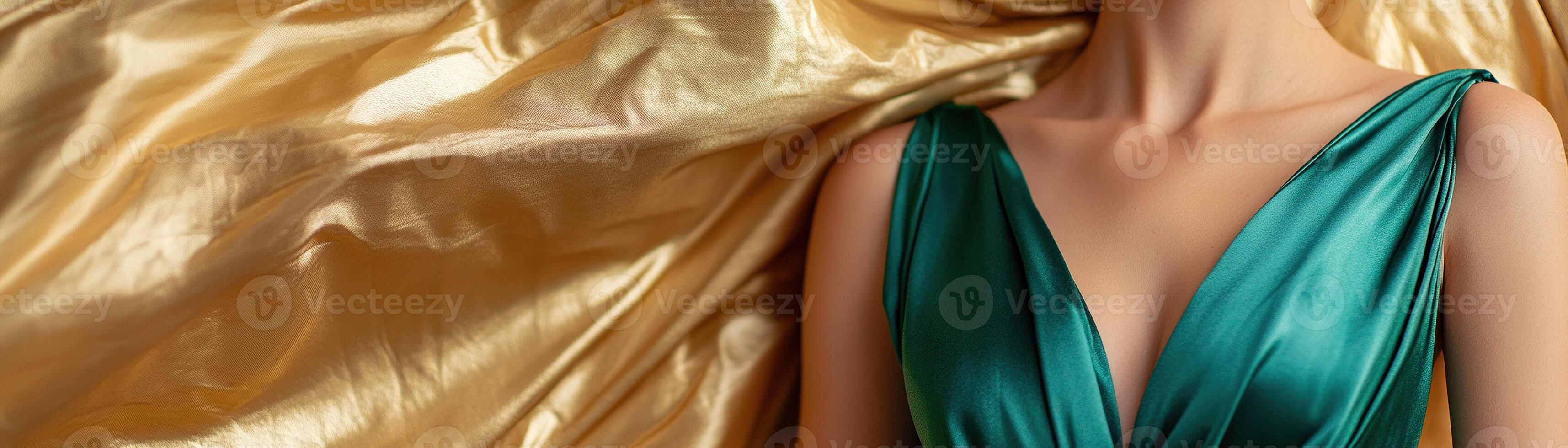 A woman stands gracefully, showcasing a high-fashion emerald green gown. She is illuminated by warm lighting that highlights the gold curtains behind her, creating a stunning backdrop photo