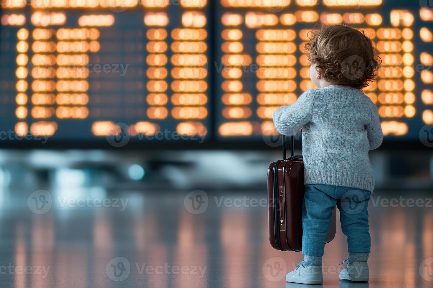 A toddler clutches a small suitcase, looking up in awe at a large airport departure board displaying flight information. The blurred movement of planes adds to the excitement in the terminal photo