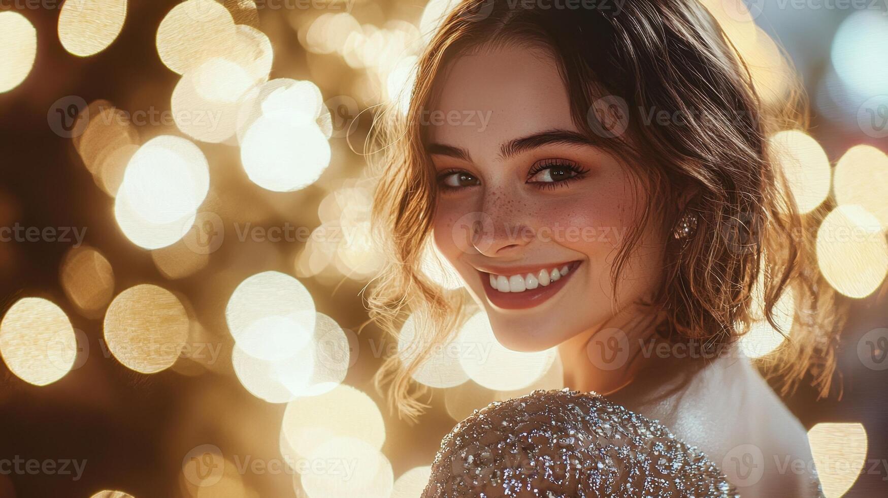A woman smiling in front of a christmas tree photo
