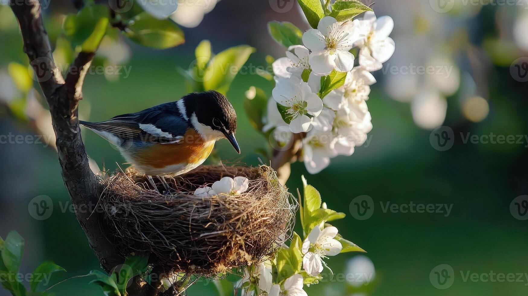 A bird is sitting on a nest in a tree photo