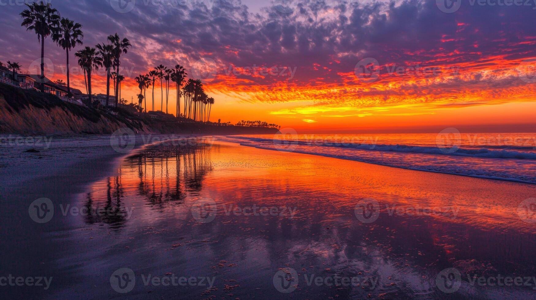 Vibrant sunset colors reflect on wet sand as palm trees line the beach in Southern California. The sky transitions from orange to purple, creating a serene atmosphere photo