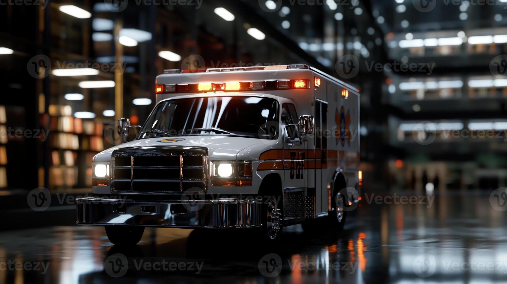 A white ambulance with the number 9 on the side is parked in a dimly lit room photo