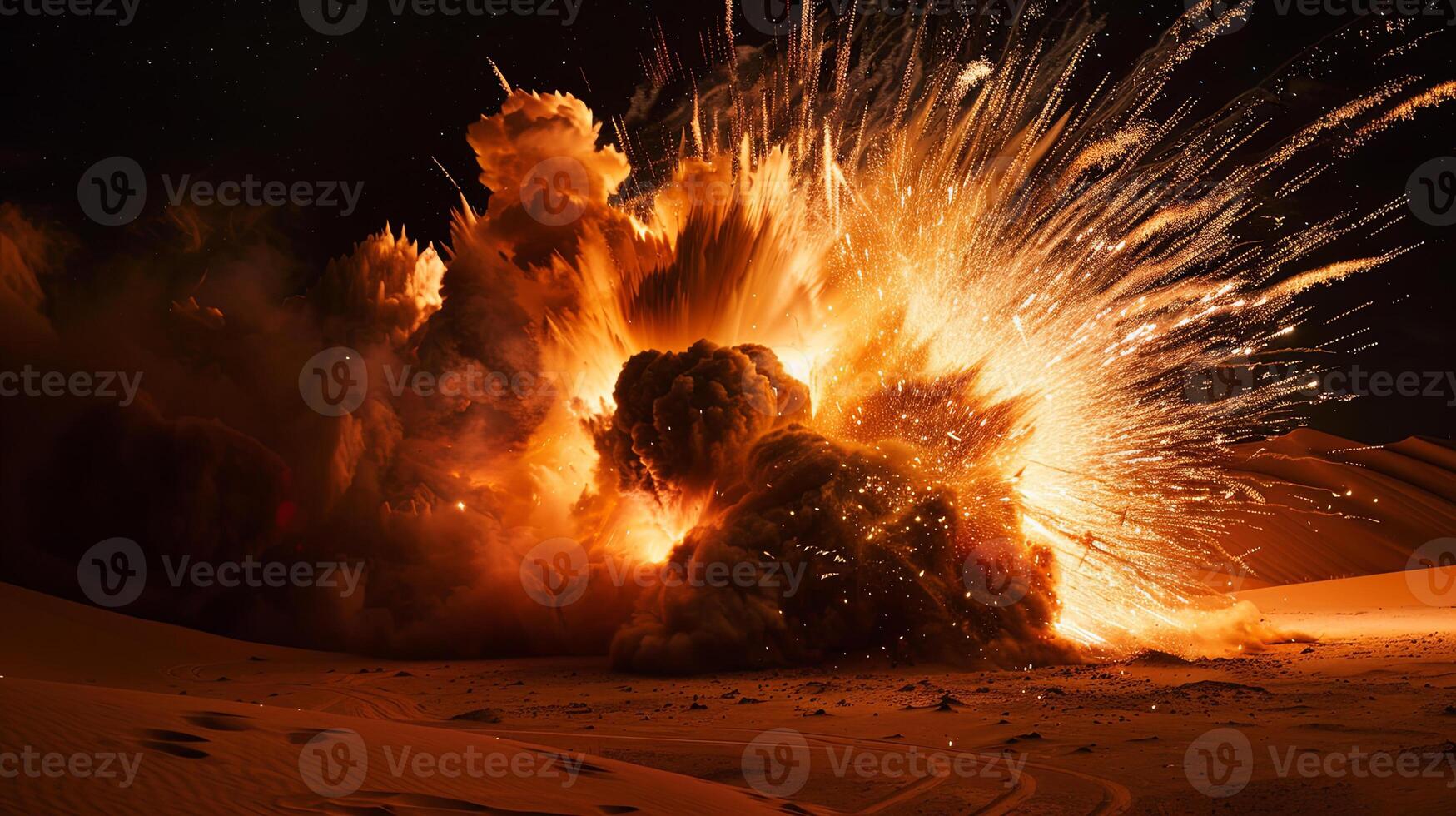 A large explosion in the desert at night photo