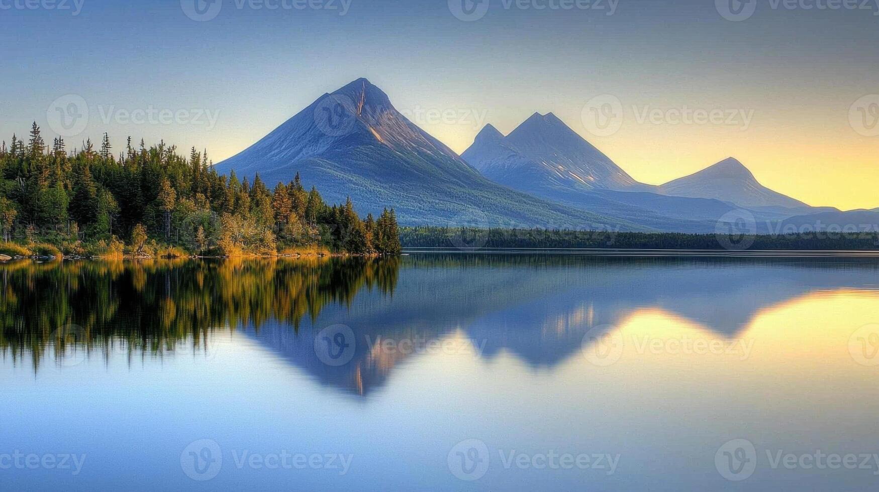 Mountains reflected in a lake at sunset photo