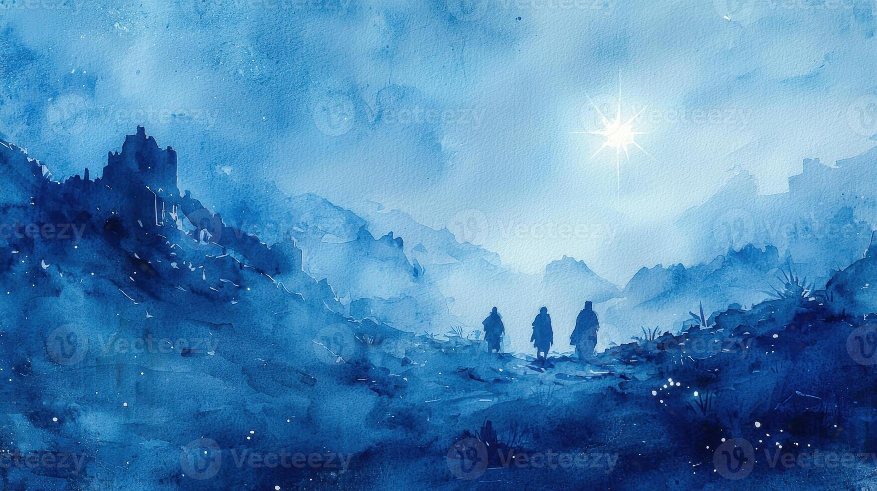 Three people walking in the mountains with a star shining above them photo