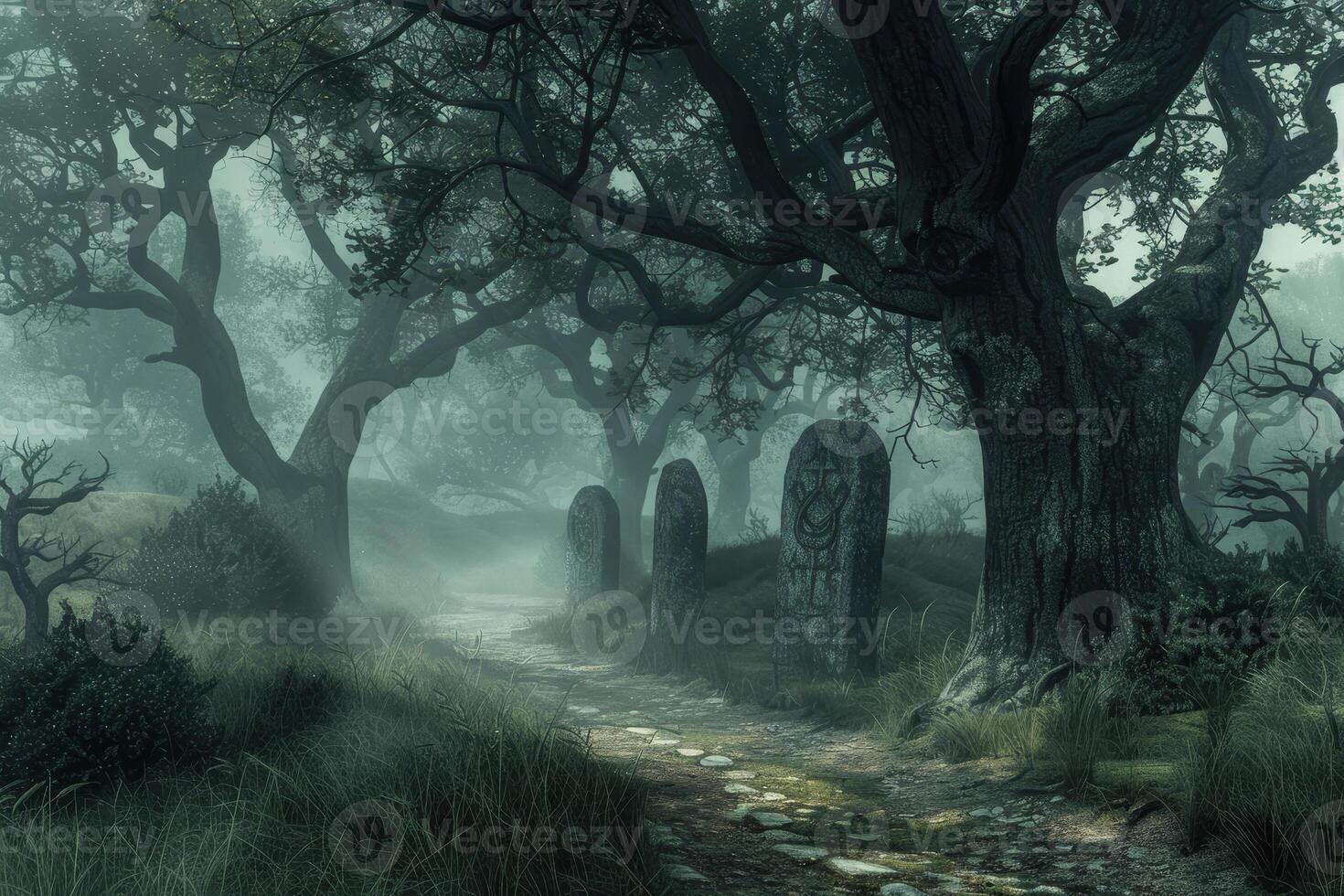 A path through the woods with stone tombstones photo