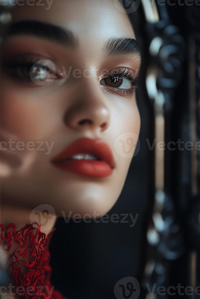 A high-fashion model stands in front of a mirror, her gaze drawn into the reflection which presents a different version of herself photo