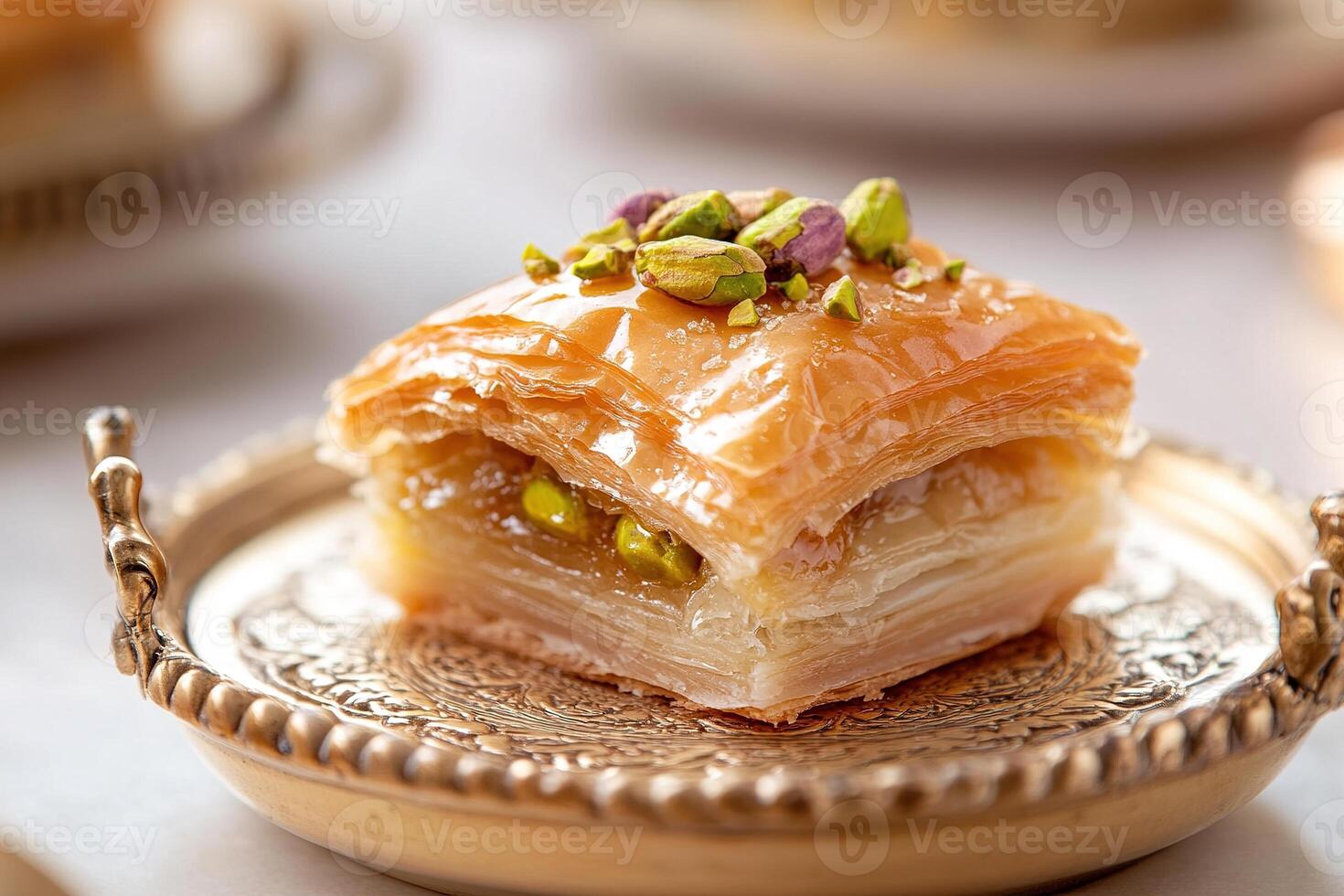 This dessert showcases a golden piece of pistachio baklava, with layers of crisp phyllo pastry and a glossy honey glaze, elegantly placed on a decorative ceramic dish photo