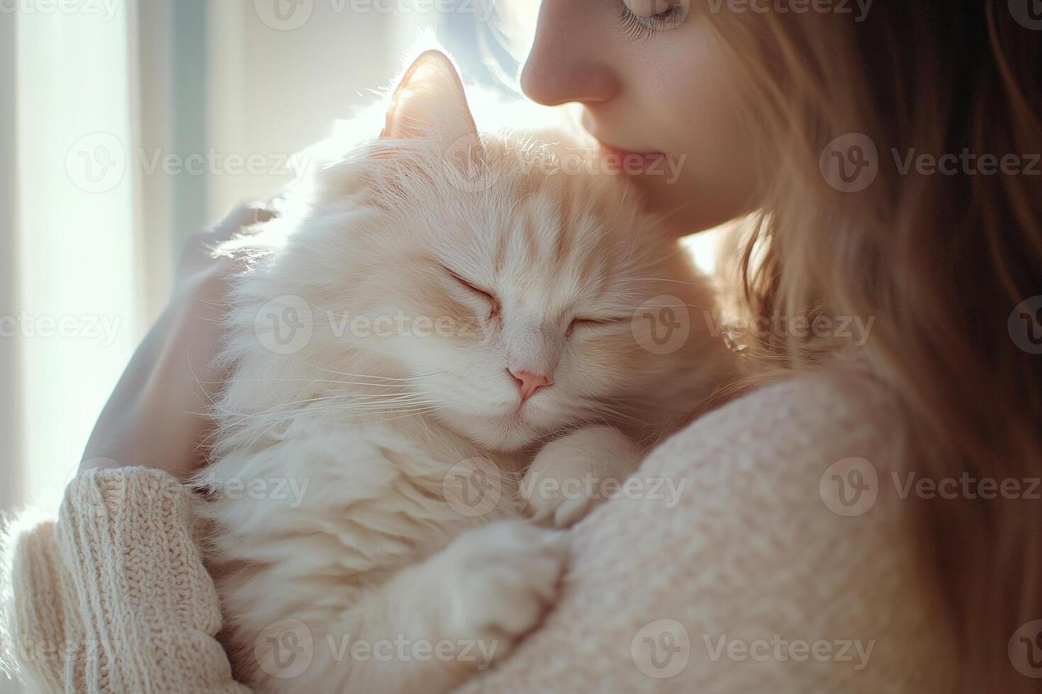 Warm golden sunlight streams through a window as a young woman cradles her fluffy cat, creating a peaceful moment filled with love and tranquility in a cozy setting photo